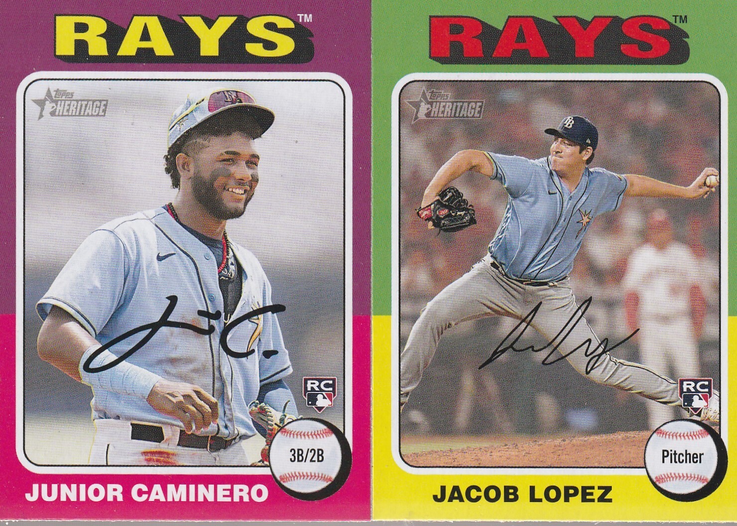 2024 Topps Heritage Tampa Bay Rays RC Junior Caminero RC 267/Jacob Lopez 285