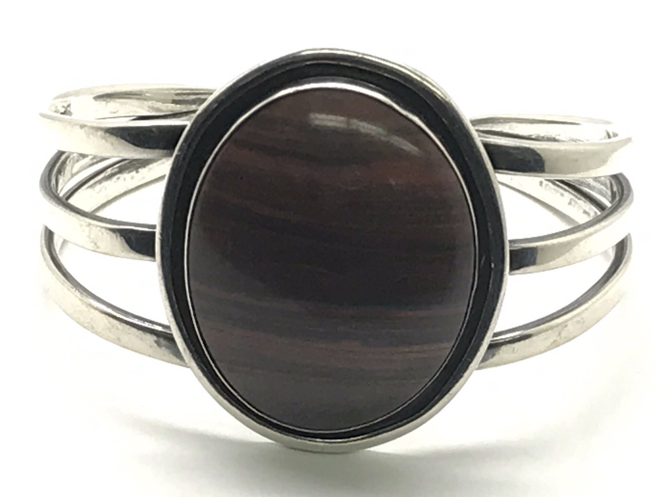 Vintage Oxidized Sterling Silver 925 Oval Brown Jasper Rib Cage Cuff Bracelet