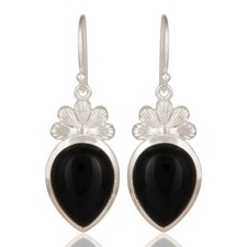 Natural Black Onyx Gemstone 925 Sterling Silver Handmade Dangle Earrings