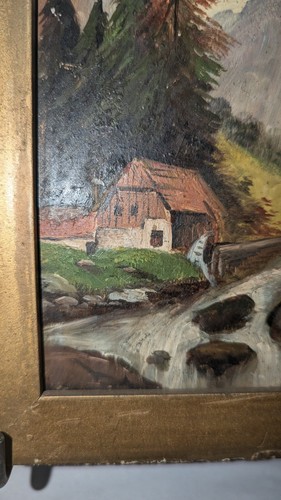 Arte popular vintage pintado a mano enmarcado escena de bosque rural - Imagen 2 de 7