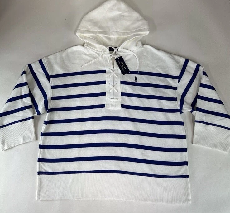 Nuevo con etiquetas Polo Ralph Lauren Sudadera con capucha polar de gran tamaño con cordones Blanco Azul a rayas $268 XS/S Foto 4 de 4