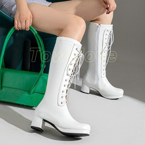 Women's Retro Knee High Boots Combat Motorcycle Lace Up Zip Riding Tall Botas - Picture 10 of 26