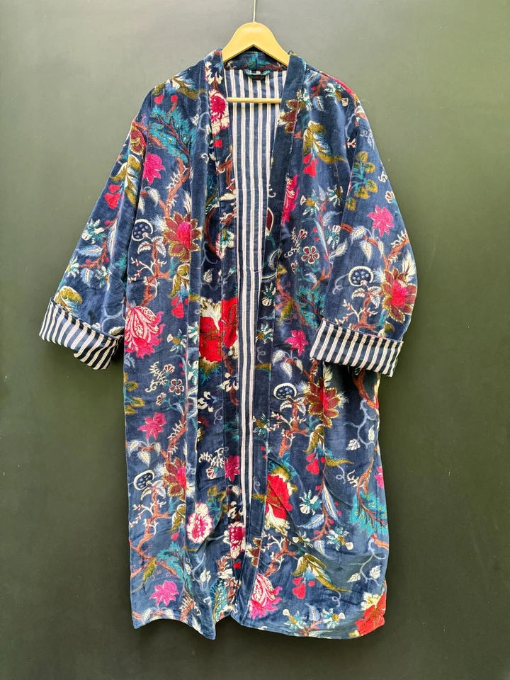 Mujeres Usan Bata de Terciopelo de Algodón, Batas Kimono de Terciopelo, Abrigo de Terciopelo Morning Tea, Bri Foto 2 de 4