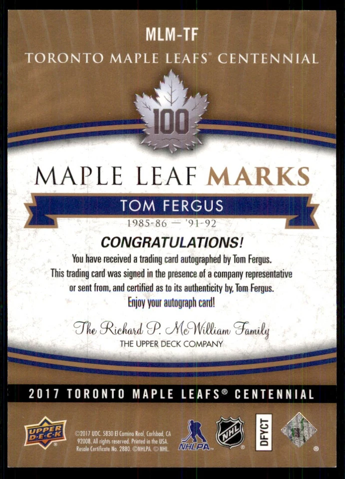 2017-18 UPPER DECK CENTENNIAL TORONTO MAPLE LEAFS MARKS AUTO TOM FERGUS #MLM-TF - Image 2 of 2