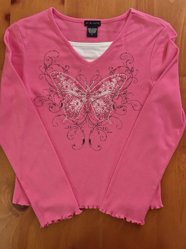 Fang Girls Long Sleeve Pink Shirt With Studded Butterfly Design Sz L EUC