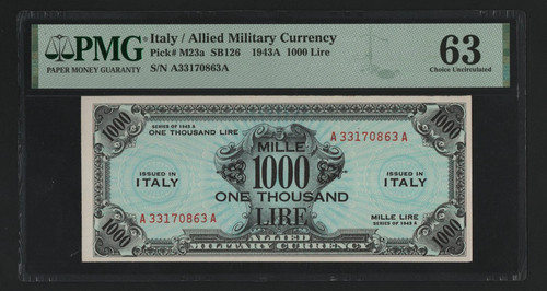 1000 LIRE AM BILINGUE 1943 OCCUPAZIONE MILITARE AMERICANA IN ITALIA PMG 63 qFDS