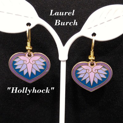 Vintage Laurel Burch ''Hollyhock'' Floral Earrings, Gold Plated Enamel Pink Purple
