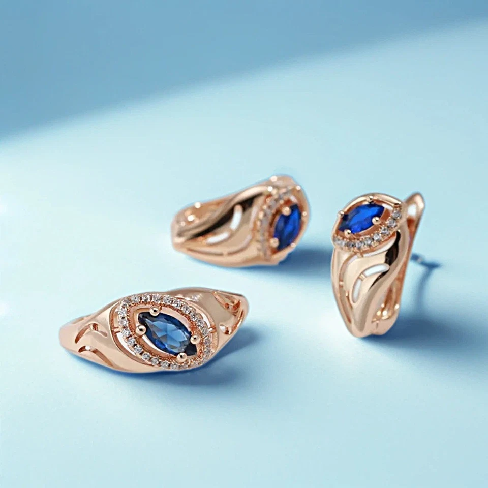 Ring Vergoldet Rosegold Gold 585 Rolled Dunkelblauer Zirkonia klassisches Design - Bild 3 von 4