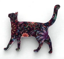 Floral Flower Walking Cat Brooch Pin Purple Acrylic 2" Vintage-Style