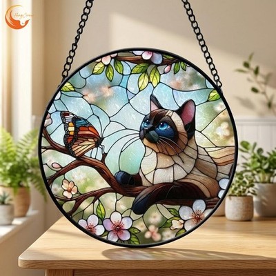 Cat Butterfly Stained Glass , Siamese Cat Window Hanging, Floral Cat S