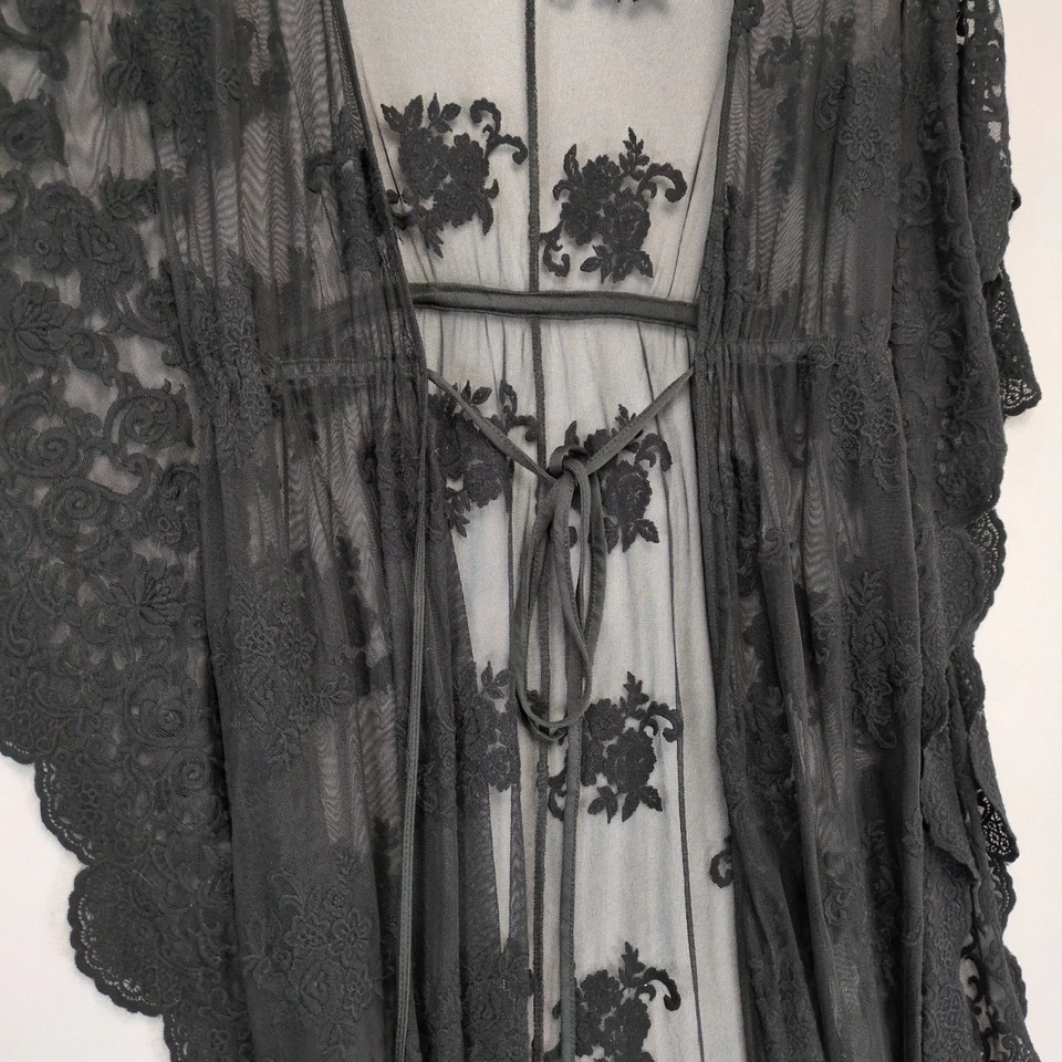 Forever 21 Mujer M Negro Transparente Corbata Kimono Plumero Cubrir Crochet Rosas Gótico Foto 4 de 4