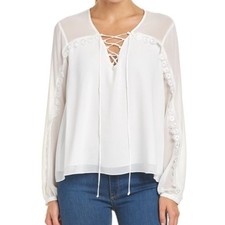 Women's SHIRT BLOUSE SEMI SHEER LACE UP LONG SLEEVE LACE TRIM Size S NWT