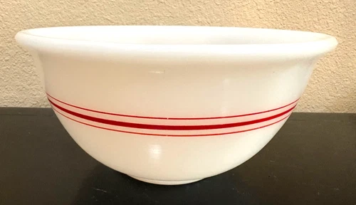 VTG  8" Hazel Atlas? Termocrisa? White Milk  Glass Mixing Bowl Red  stripe HEAVY