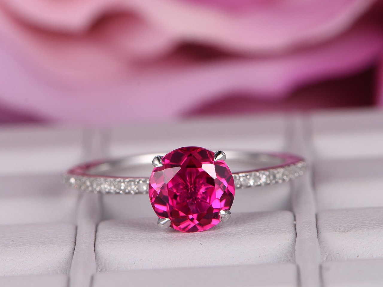 2.20 Ct Round Cut Natural Red Ruby Diamond Engagement Ring 14K White Gold Size 9