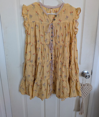 Free People Sundown Yellow Floral Ruffle Cotton Mini Dress Button Tie Size S