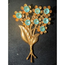 Vintage Gold Tone Flower Bouquet Brooch Light Blue Rhinestone Floral Pin