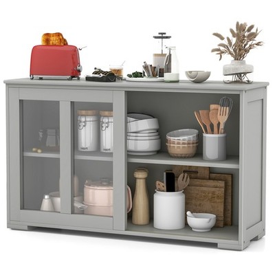 2PCS 2-Door Stackable Buffet Sideboard  w/ Sliding Tempered Glass Doors Gray