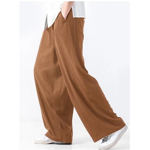 Mens Casual Wide Leg Straight Pants Trousers Loose Elastic Waist Retro Summer - Foto 9 di 20