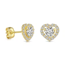14K Real Solid Yellow Gold Heart-Shaped Halo CZ Sleeper Stud Earrings Push-back