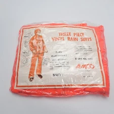 Vintage Amco Vinyl Three Piece Rain Suit 344 Orange Size L Large