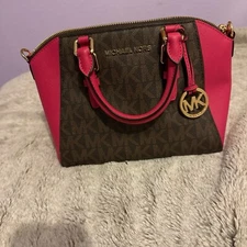 Michael Kors Ciara Logo And Leather Satchel / Crossbody Bag Pink/ Brown