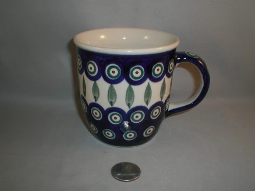 Boleslawiec Polish Pottery 4" Inch Coffee Mug Tea Cup Peacock Pattern 10 oz