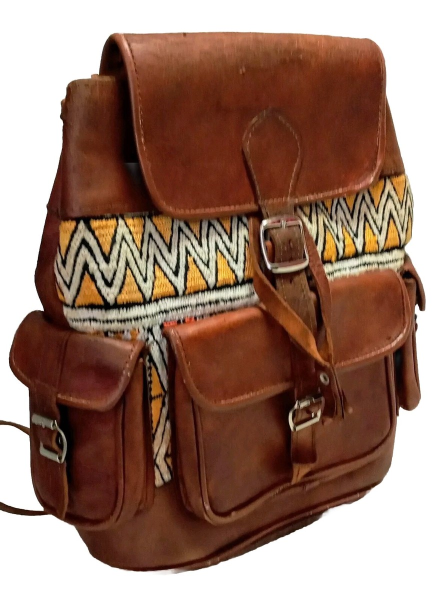 Leather Kilim Tapestry Backpack Moroccan Boho Rucksack Handle Handmade  Unisex