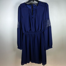 Express Womens A Line Dress Blue Lace Detail Keyhole Neck Long Sleeve Dressy XS