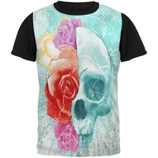 Halloween Distressed Skull and Flowers All Over Mens Black Back T Shirt