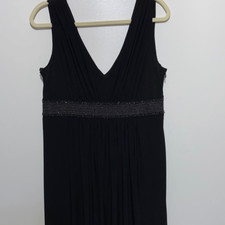Black V-Neck Beaded Empire Waist Sleeveless Pleated Maxi Dress Gown