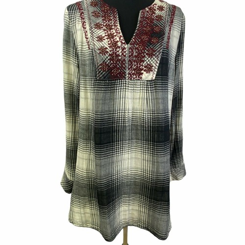Túnica Anthropologie Floreat Negra Crema Cuadros Borgoña Bordada Cuello en V Pequeña - Imagen 3 de 11