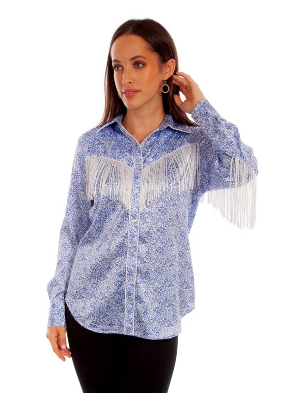 Scully Western Shirt Womens L/S Mini Floral Fringe XL Blue F0_HC865 CLEARANCE