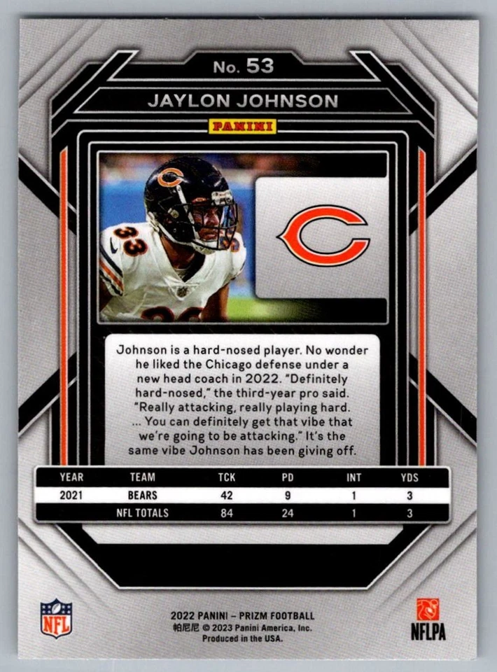 2022 Panini Prizm Jaylon Johnson Chicago Bears #53 - Image 2 of 2