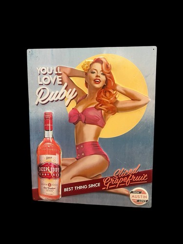 Deep Eddy Vodka Ruby Red Metal Advertising Sign Retro Bar Decor Pin-Up Austin