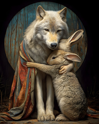 Pale Wolf Holding a Rabbit Before Misty Mountains Print - 787478086