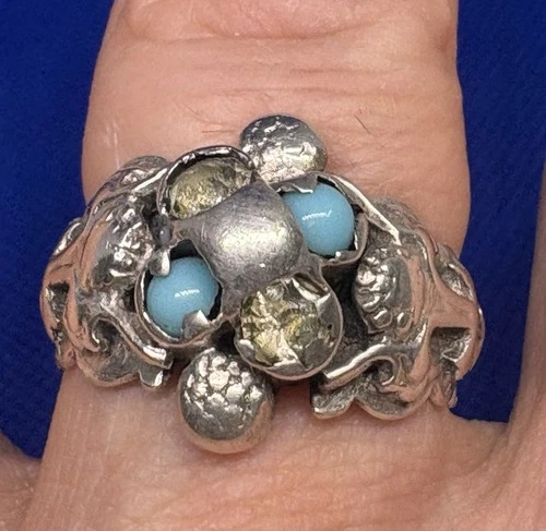 Y30 Brutalist 925 Silver Ring size 8.5-9 Vintage Turquoise Topaz 8.8g Modernist