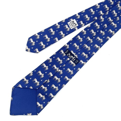 Cravatta collo seta Hermes 7480 IA coppia cavalli fantasia animalier blu senza scatola usata. - Foto 6 di 8