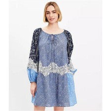 LOFT Lace Paisley Tie Mini Pocket Boho Western Precious Sapphire Dress Sz L