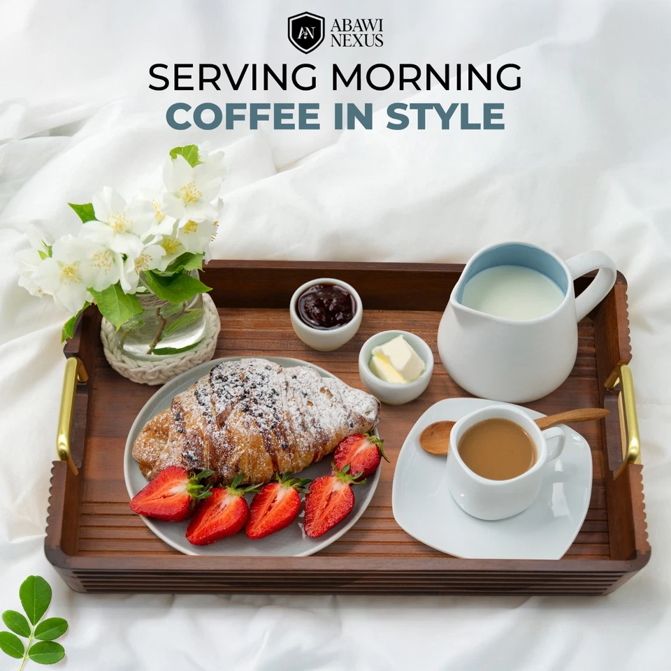 Acacia Wood Serving Tray with Metal Handles – 17x12in Rustic Decorative Ottoman  - Image 4 of 4