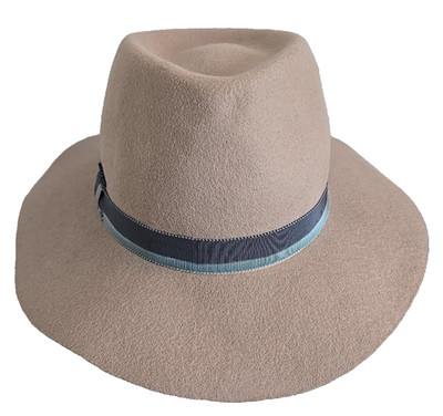 Jo & Mr Joe 6.5'' Interior Felt Taupe Wool Fedora Hat 13'' X 12'' Blue Band Spain