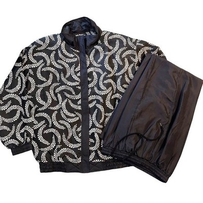 Vintage Womens Silk Track Suit Set Black White Star Print Lightweight Large