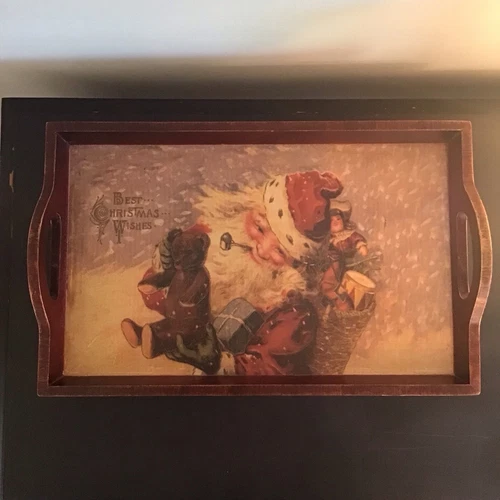 Vintage Wood Christmas Santa Serving Tray With Side Slot Handles