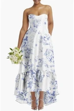 Alfred Sung White  Blue Strapless Floral Ruffle High-Low Gown Size 2R $228