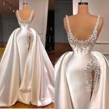 Luxury Pearls Beads Mermaid Bride Gown Wedding Dress Detachable Train Sleeveless
