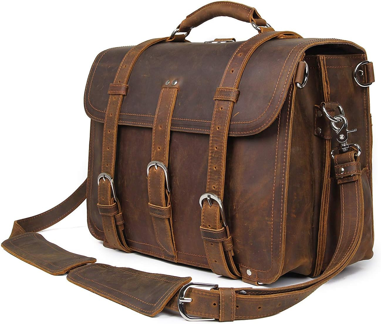 Polare Thick Full Grain Leather 16'' Briefcase Shoulder Messenger Bag for Men Fi