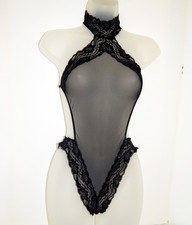 Womens Black Fishnet Lace Teddy w/ French Cut Legs Hook/Eye Neck Closure - S