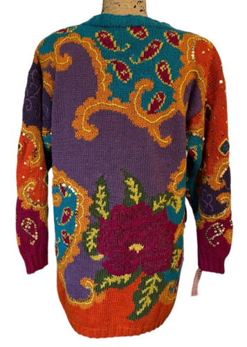 Vtg Jennifer Reed Sweater L Hand Knit Embellished Paisley Sequins Bold ...