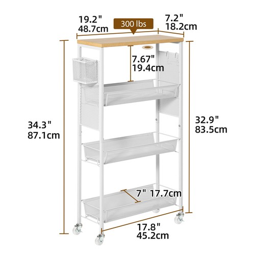 4-Tier Kitchen Cart Utility Organizer White Slim Rolling Cart Rack w/3 Basket - Picture 3 of 7