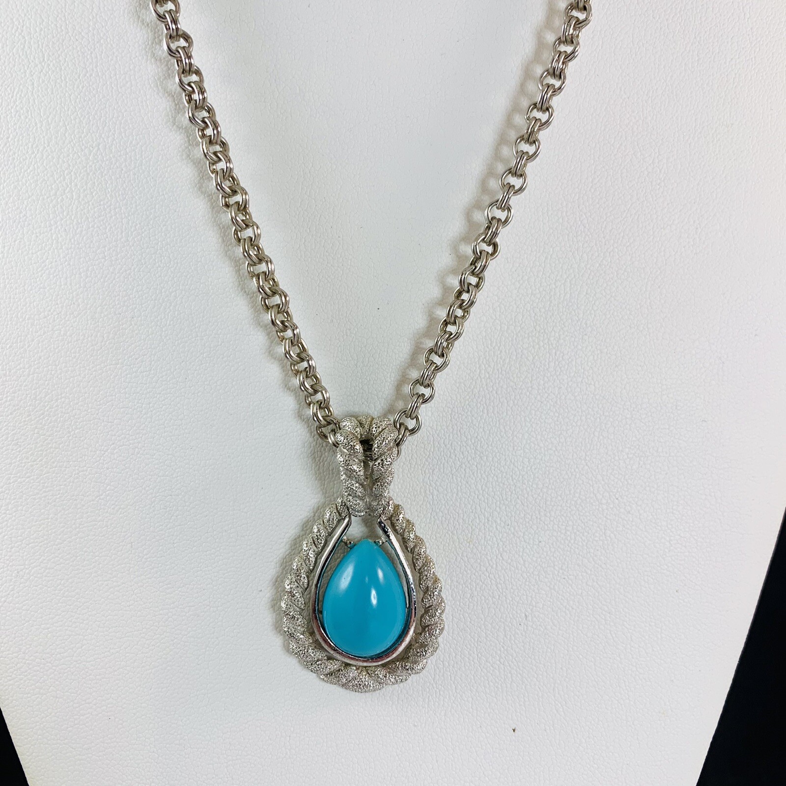 Vintage AVON Signed Faux Turquoise Brushed Silver Tone Pendant Chain Necklace
