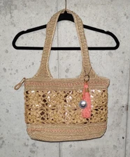 THE SAK Boho Bag Macrame Tan Bronze Shimmer Liner Flower Pattern Purse w/Tassle